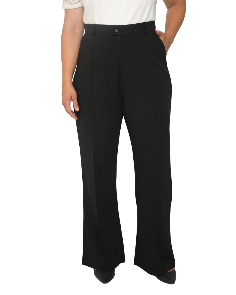 Front of a model wearing a size 14 Grace Pintuck Wide Leg Trouser in Black by Standards & Practices. | dia_product_style_image_id:280553